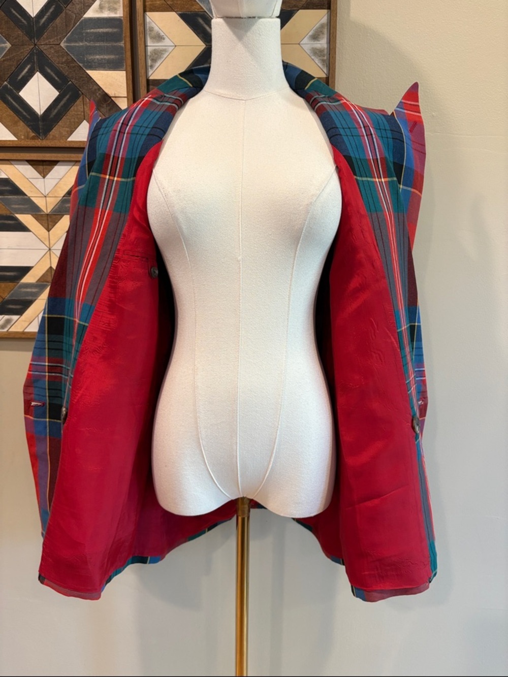 Vintage Ralph Lauren 80s Red Multi Plaid Double-Breasted Blazer Gold Buttons - Picture 9 of 16